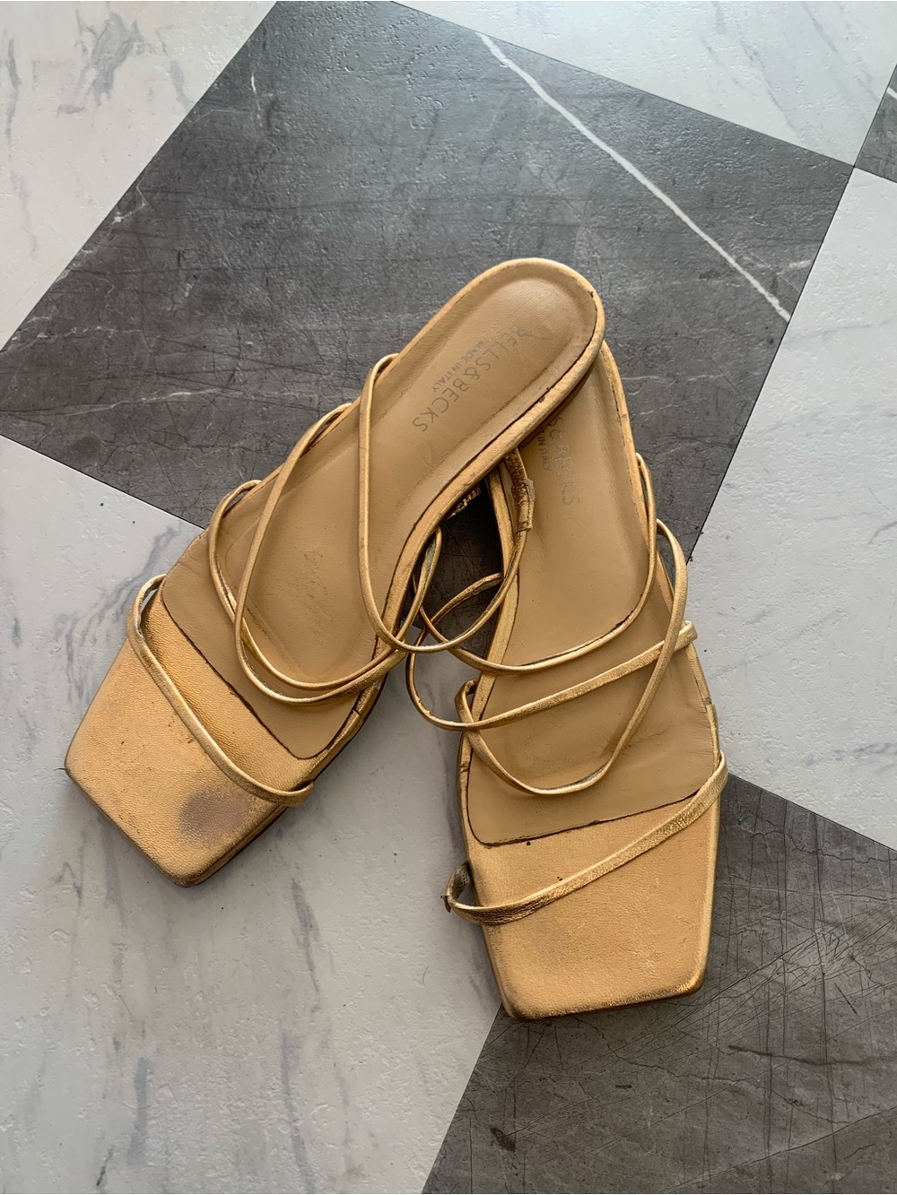 Charles & Keith Metallic Gold Strappy Square-Toe Slide Mules